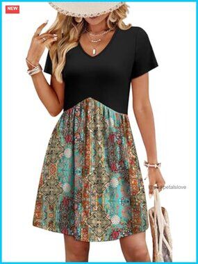 Women Casual Summer V Neck Babydoll Dress with Pockets